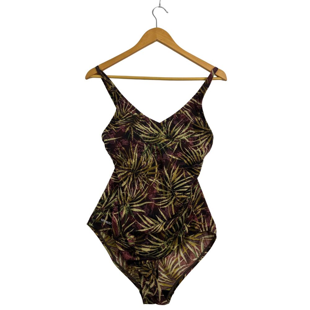 Speedo Womens Size 12 One Piece Swimsuit Brown Tropical Palm Leaf Print Swim